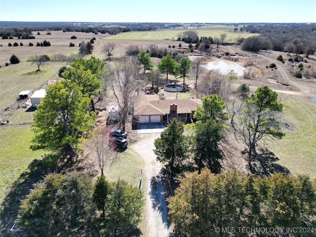 bird's eye view featuring a rural view and a water view