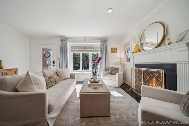 living room featuring crown molding