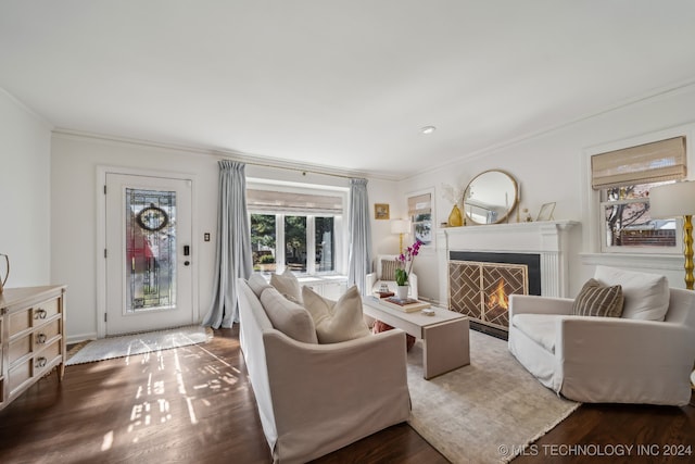 living room featuring dark hardwood / wood-style floors and crown molding