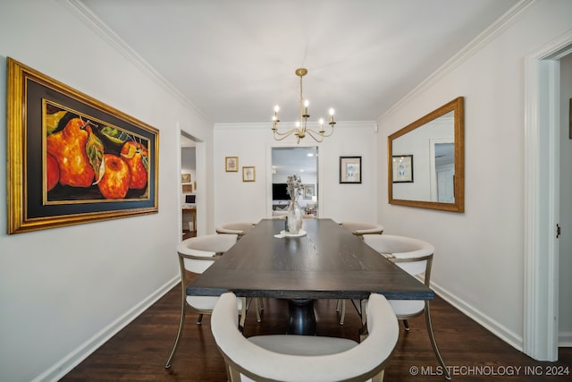 dining room featuring dark hardwood / wood-style flooring, a chandelier, and crown molding