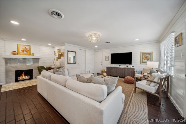 living room with crown molding