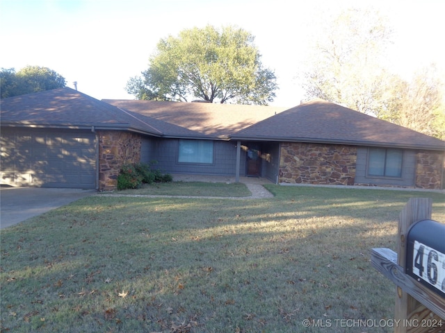 ranch-style house featuring stone siding, a garage, a front lawn, and a shingled roof