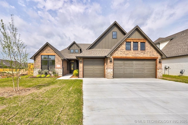 craftsman-style house with roof with shingles, concrete driveway, brick siding, an attached garage, and a front yard