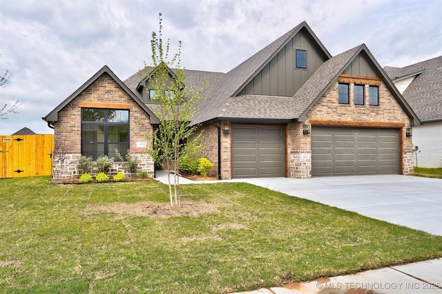 craftsman-style house with fence, roof with shingles, concrete driveway, board and batten siding, and brick siding