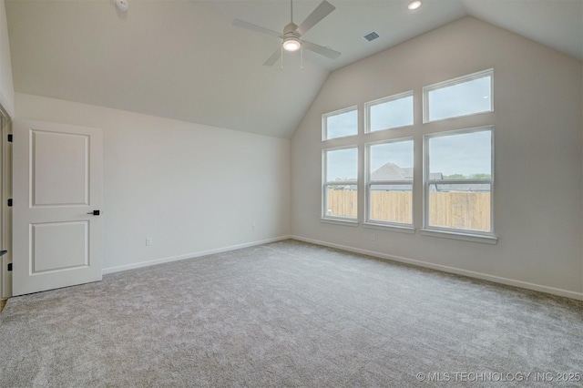 additional living space featuring vaulted ceiling, visible vents, carpet floors, and ceiling fan