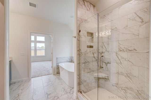 full bath with a soaking tub, visible vents, marble finish floor, and a shower stall