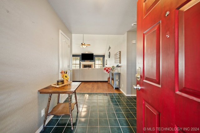 entrance foyer with vaulted ceiling, ceiling fan, and dark hardwood / wood-style floors