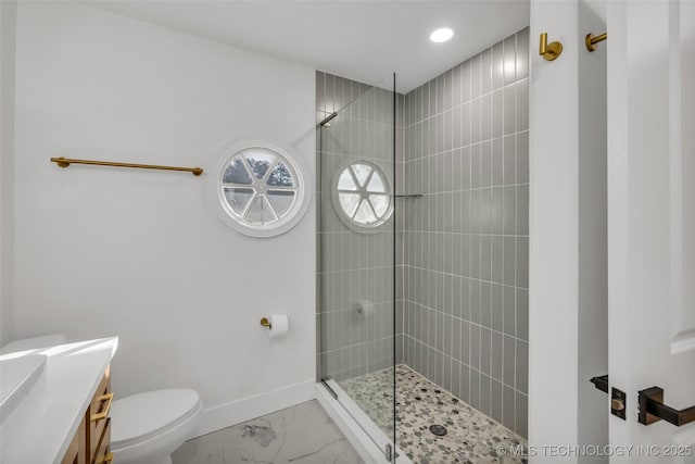 full bathroom featuring marble finish floor, recessed lighting, toilet, a walk in shower, and baseboards