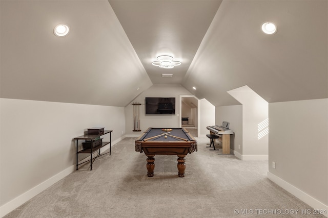 rec room with carpet flooring, lofted ceiling, and pool table