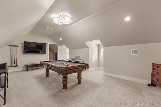 rec room with light colored carpet, lofted ceiling, and pool table