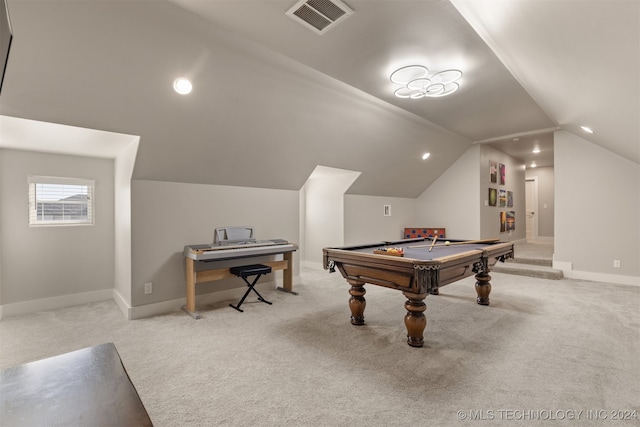 rec room featuring light carpet, lofted ceiling, and pool table