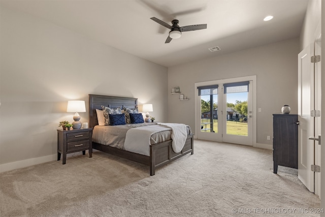 carpeted bedroom featuring ceiling fan, access to outside, and french doors