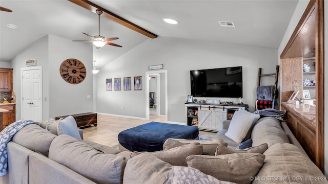 living room with vaulted ceiling with beams, ceiling fan, and light tile patterned flooring