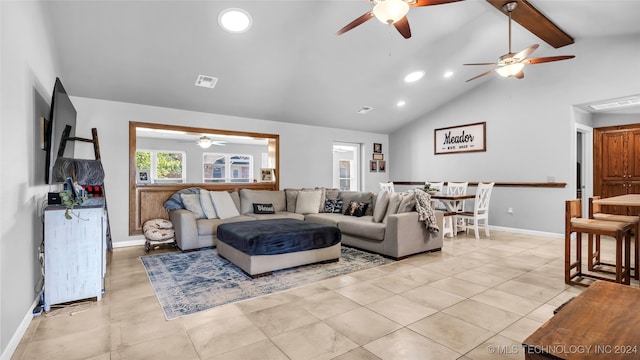 tiled living room featuring beamed ceiling, high vaulted ceiling, and ceiling fan