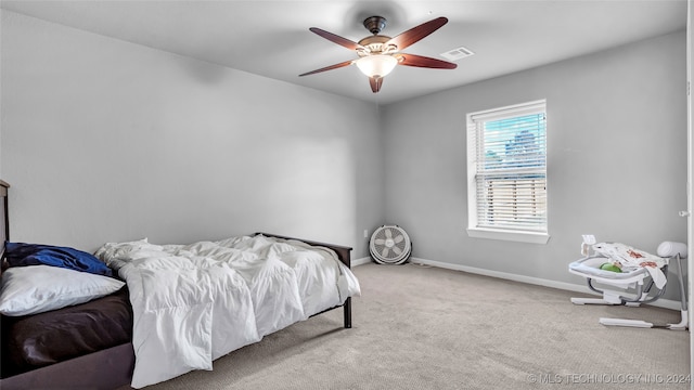 bedroom featuring carpet floors and ceiling fan