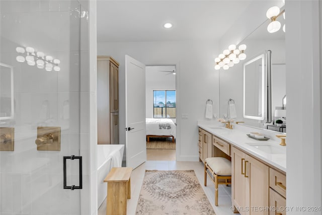 bathroom with walk in shower, vanity, tile patterned floors, and ceiling fan