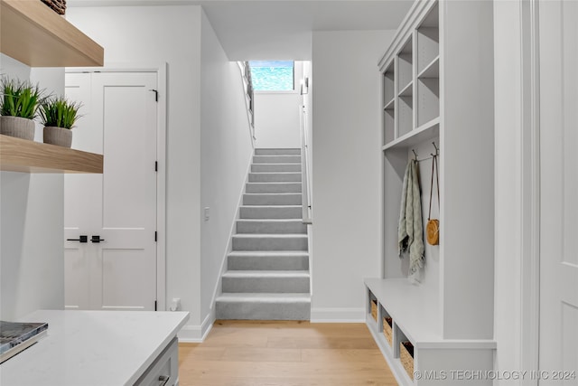 mudroom with light hardwood / wood-style floors