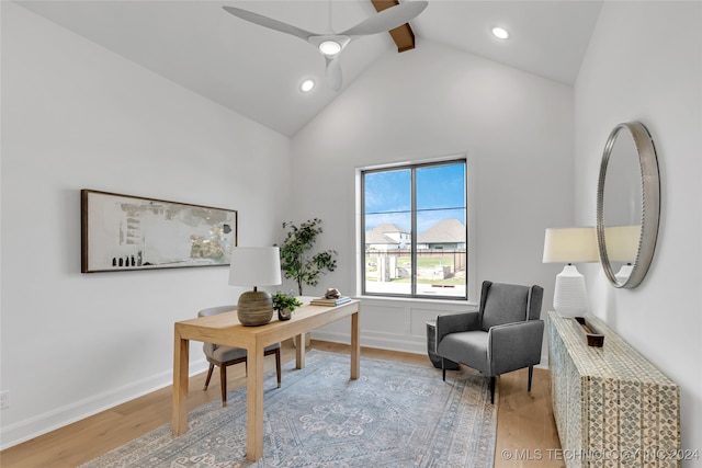 office space featuring high vaulted ceiling, beamed ceiling, and hardwood / wood-style floors