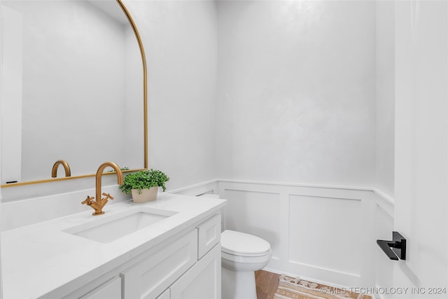 bathroom with hardwood / wood-style floors, vanity, and toilet