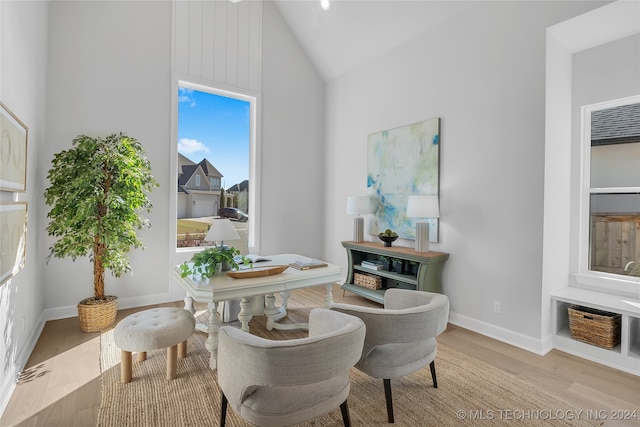 living area with high vaulted ceiling and light hardwood / wood-style floors