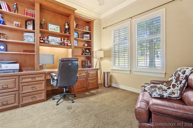 office area with light colored carpet and crown molding