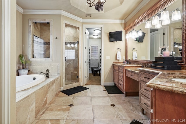 bathroom featuring tile patterned flooring, vanity, shower with separate bathtub, and ornamental molding