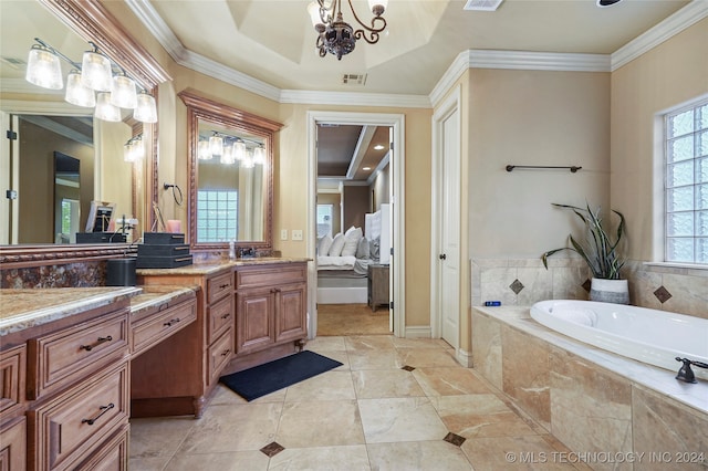 bathroom with vanity, crown molding, a relaxing tiled tub, and an inviting chandelier