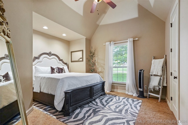 bedroom featuring ceiling fan, high vaulted ceiling, and carpet floors