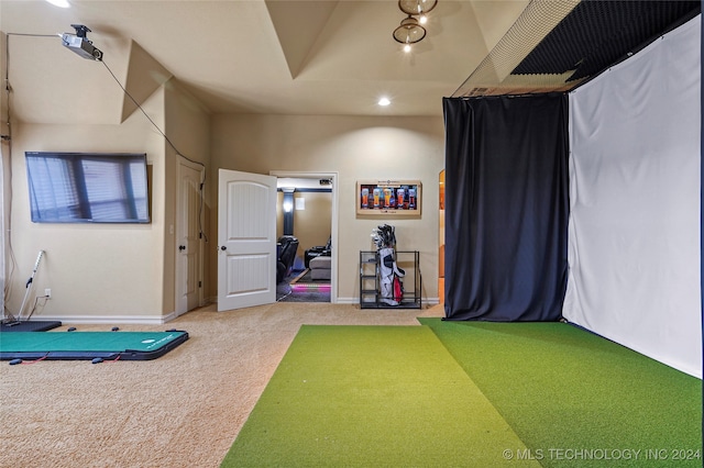 rec room featuring golf simulator and carpet