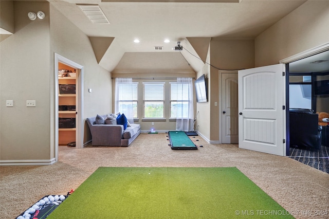 exercise room with carpet flooring, golf simulator, and vaulted ceiling