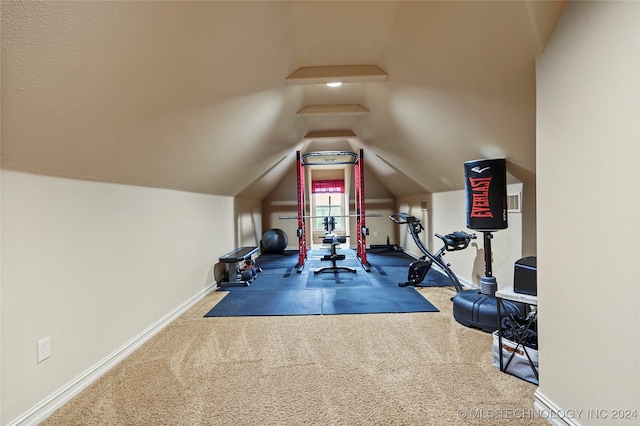 workout area featuring vaulted ceiling and carpet floors