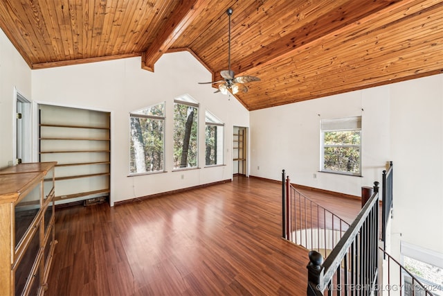 unfurnished living room featuring a wealth of natural light, ceiling fan, beam ceiling, and dark hardwood / wood-style flooring