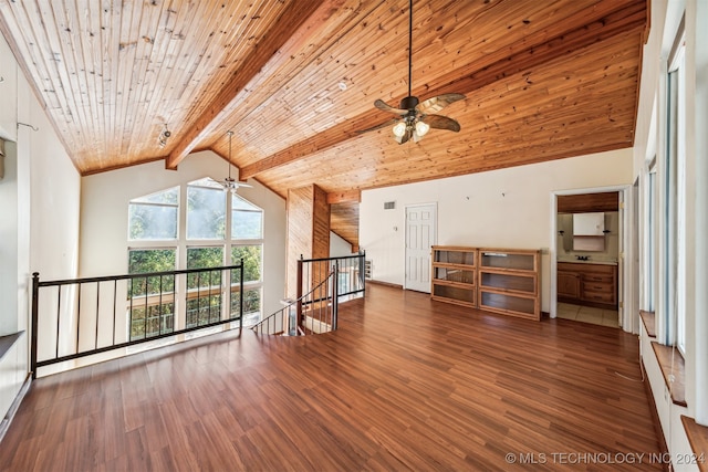 additional living space featuring dark hardwood / wood-style flooring, wood ceiling, high vaulted ceiling, ceiling fan, and beam ceiling