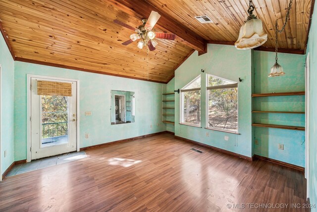 interior space with built in shelves, vaulted ceiling with beams, wood ceiling, hardwood / wood-style floors, and ceiling fan