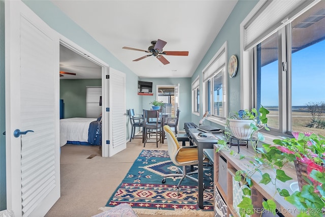 carpeted home office with ceiling fan