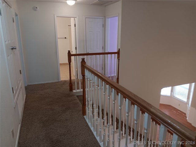 hall with dark colored carpet