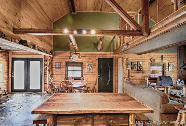 kitchen featuring beamed ceiling, high vaulted ceiling, wooden walls, wood ceiling, and hardwood / wood-style flooring