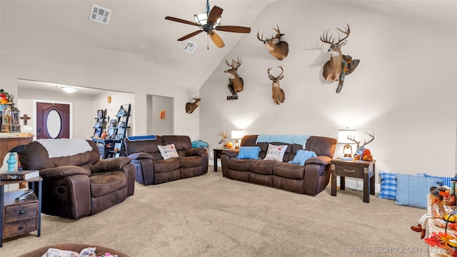 living room with light carpet, high vaulted ceiling, and ceiling fan