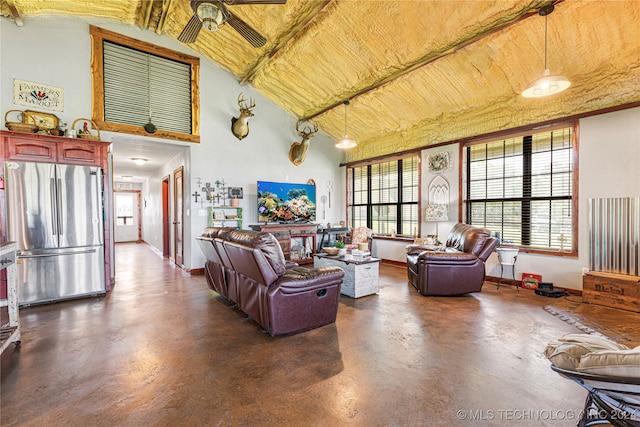 living room with lofted ceiling and ceiling fan