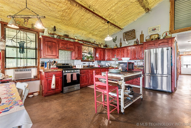 kitchen featuring stainless steel appliances, sink, high vaulted ceiling, hanging light fixtures, and cooling unit