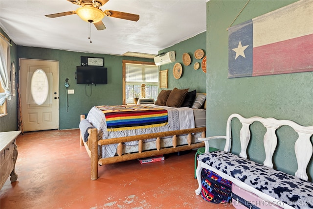 bedroom with concrete flooring, a wall mounted air conditioner, and ceiling fan