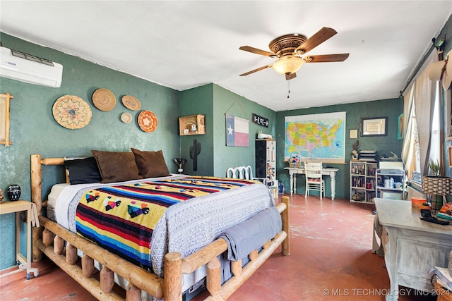 bedroom featuring an AC wall unit, ceiling fan, and concrete floors