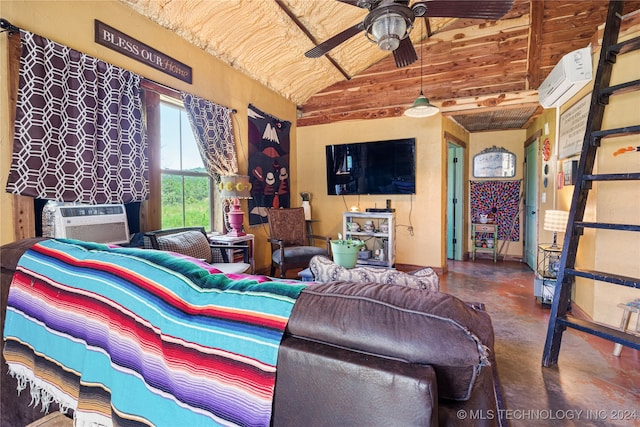 living room with a wall unit AC, cooling unit, vaulted ceiling, concrete floors, and ceiling fan