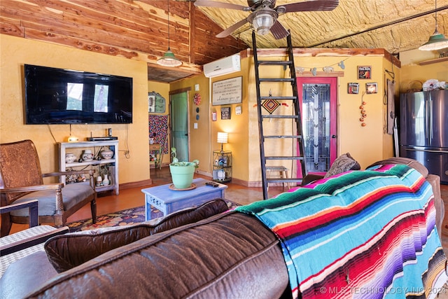 living room with ceiling fan, vaulted ceiling, wooden ceiling, and a wall mounted air conditioner