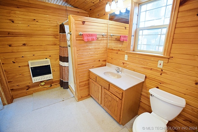 bathroom with toilet, wood walls, heating unit, and vaulted ceiling