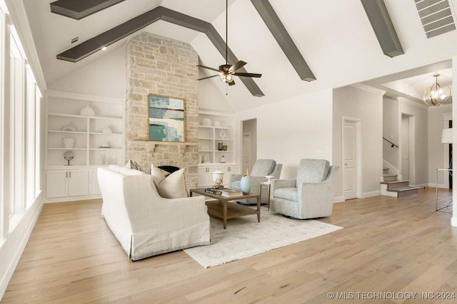 living room featuring high vaulted ceiling, light hardwood / wood-style floors, beam ceiling, and ceiling fan with notable chandelier