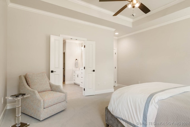 bedroom with ornamental molding, light colored carpet, and ceiling fan