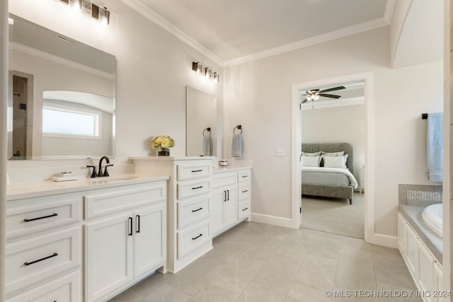 bathroom with ornamental molding, vanity, ceiling fan, and tile patterned floors