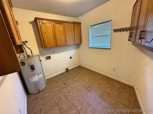 laundry area featuring electric dryer hookup, hookup for a washing machine, cabinets, electric water heater, and tile patterned floors