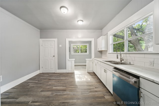 kitchen with stainless steel dishwasher, dark hardwood / wood-style floors, white cabinetry, and a healthy amount of sunlight